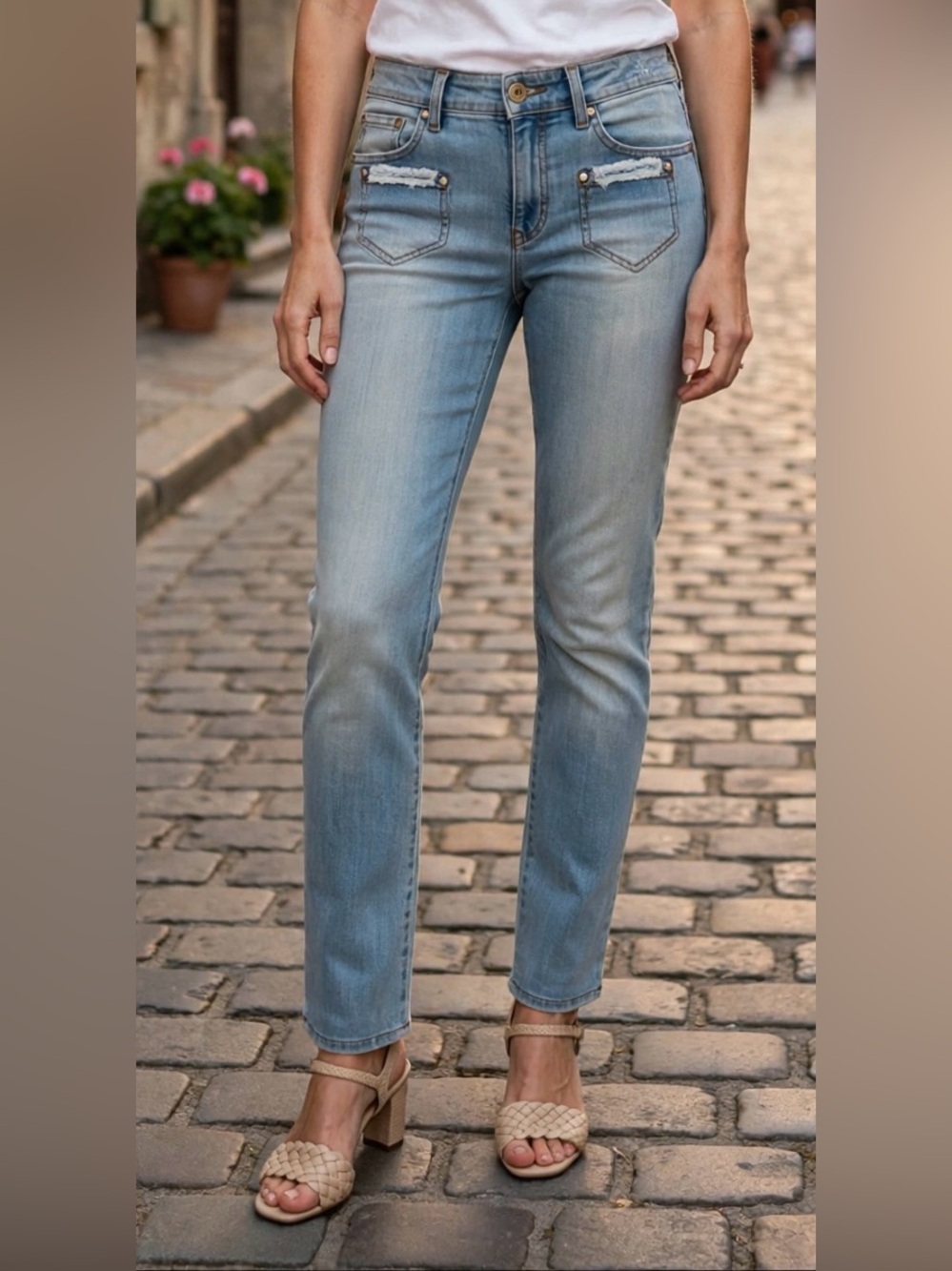 MOSCHINO Jeans Donna Distressed Frayed Trim Pocket Straight Leg Blue Size 28